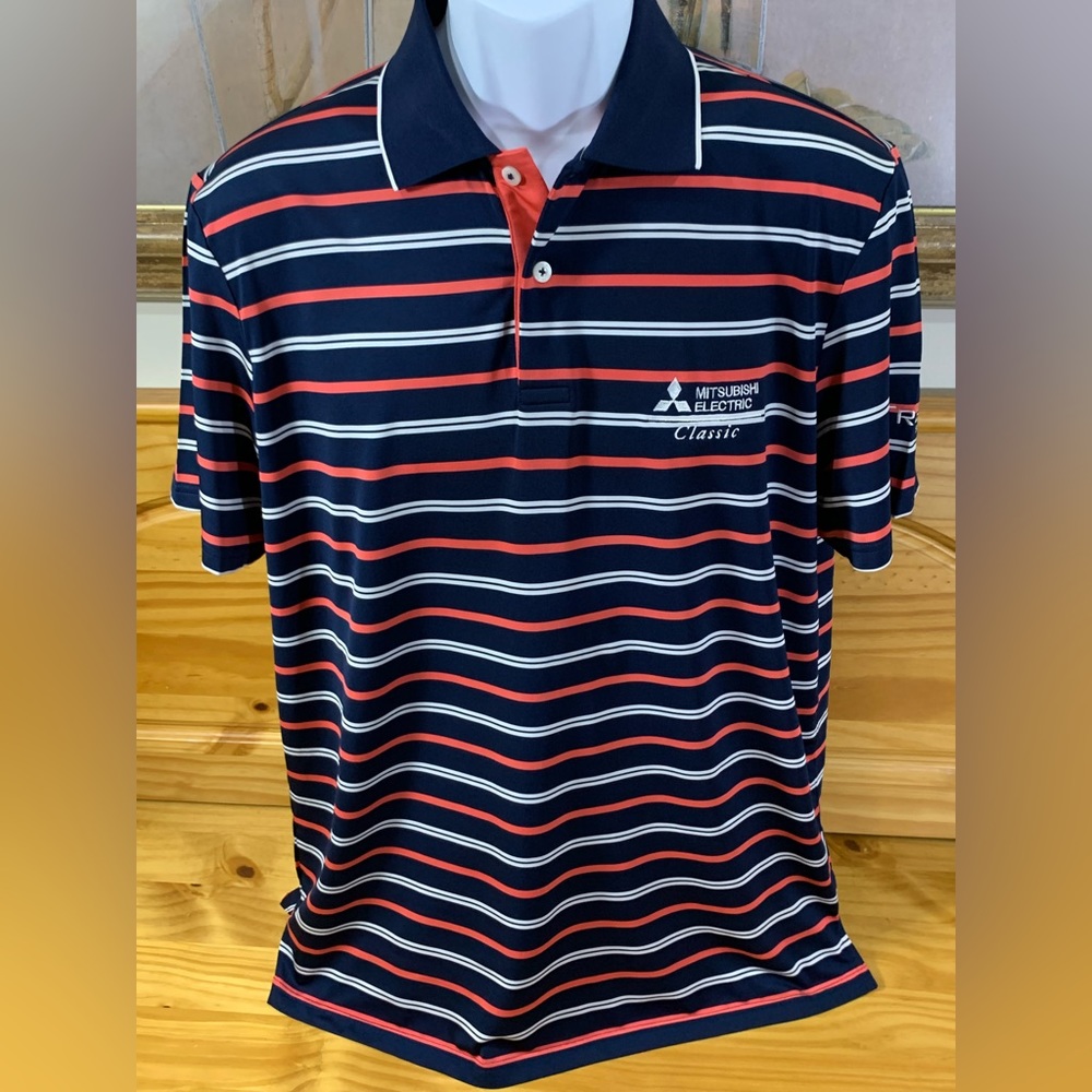 Ralph Lauren RLX Mens Polo Golf Shirt Sz Med Blue Orange White Stripe EUC